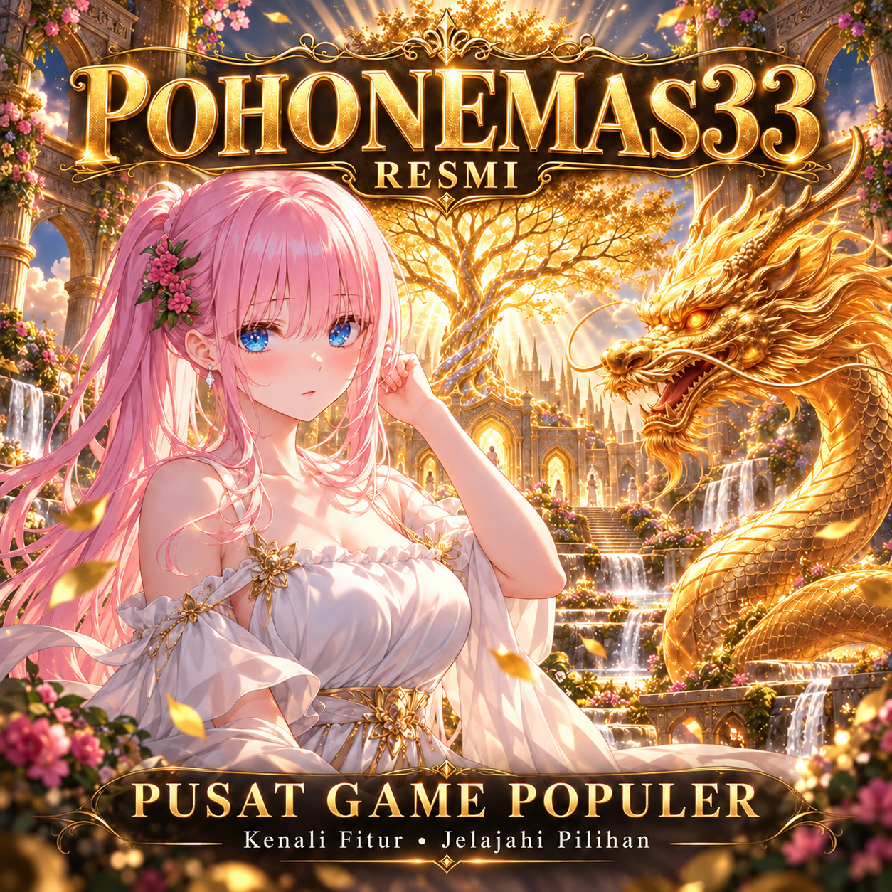 Banner POHONEMAS33 RESMI dengan karakter anime, pohon emas, dan naga emas